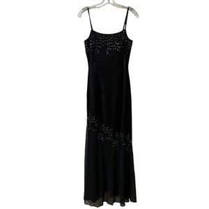 Cache Black Sheer Beaded Asymmetrical Formal Long Prom Gown Dress Size 4 Y2K